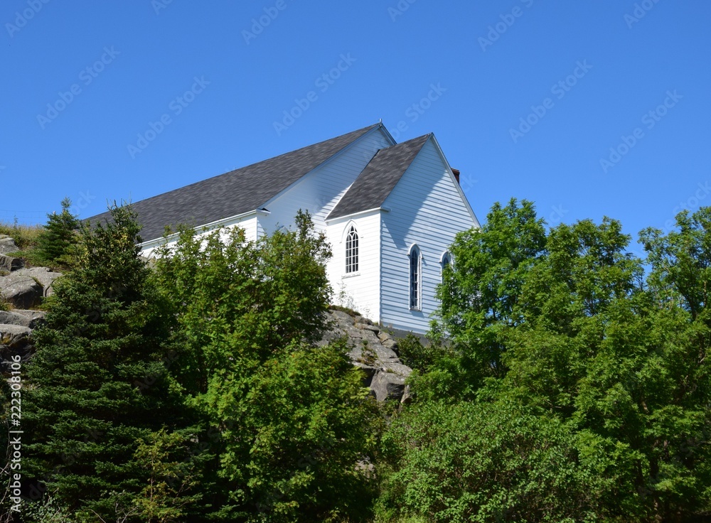 partial view of the historic 1876 neo-Gothic Style St George's church in Brigus, Avanlon Peninsula NL Canada