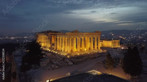 Athens Acropolis Parthenon in evening at sunset. beautifully lit up. drone view photo