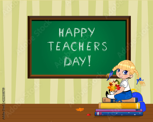 Teachers day card with cute school girl sitting on books pile with bouquet of autumn leaves in classroom.