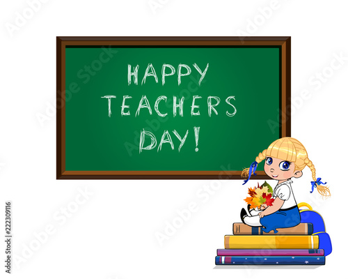 Teachers day card with cute school girl sitting on books pile with bouquet of autumn leaves on white background