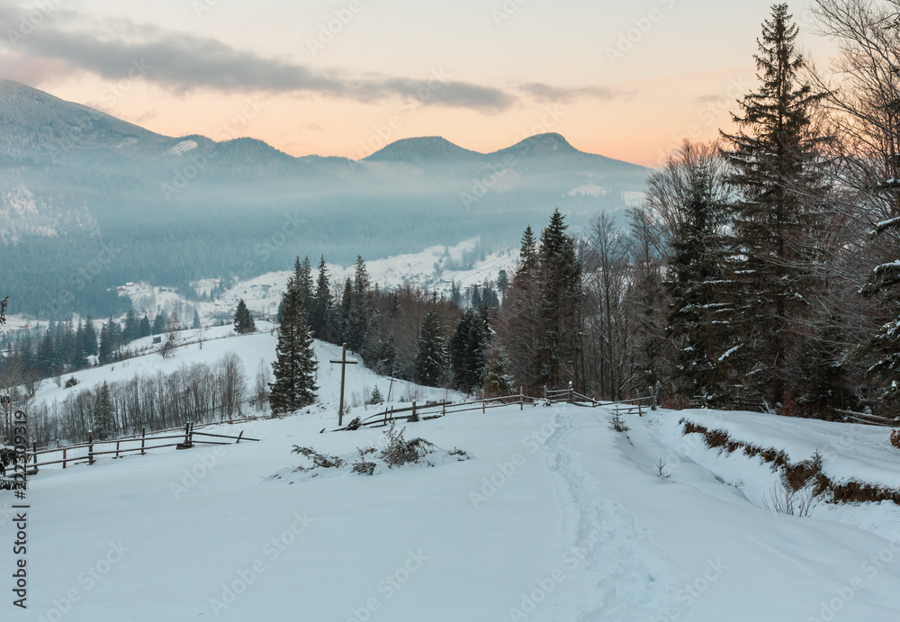 Fototapeta premium Sunrise winter Carpathian mountain village Zelene outskirts, Verkhovyna, Ukraine