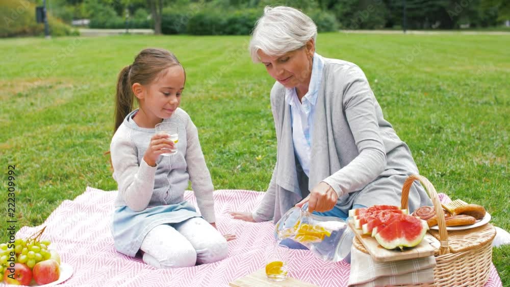 family, leisure and people concept - happy grandmother and granddaughter having picnic and drinking fruit water at summer park family, leisure and people concept - happy grandmother and granddaughter having picnic and drinking fruit water at summer park