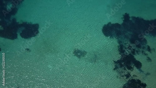 Top down view of clear ocean water, turquoise, blue green water with water algae photo