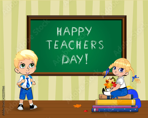 Happy teachers day greeting card with cute cartoon school kids in classroom
