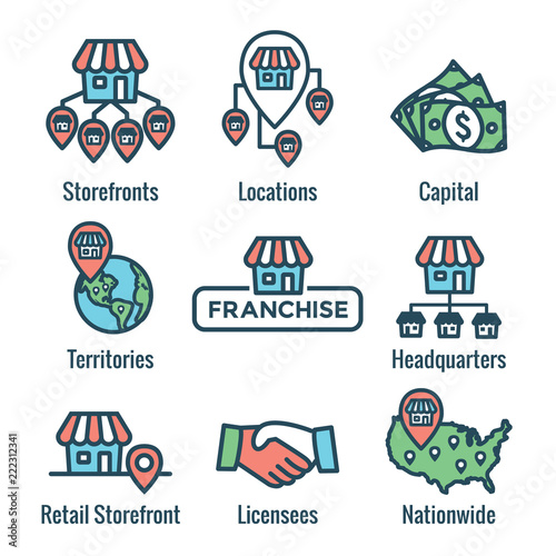 Franchise Icon Set with Home Office, corporate Headquarters and Franchisee Icon Images
