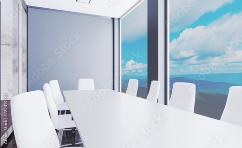 Interior of a modern conference room with concrete walls. The building with large windows in the background of the mountains. 3D rendering. © COK House