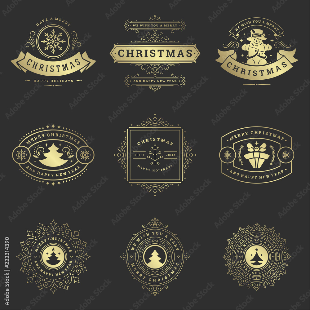 Christmas labels and badges vector design elements set.