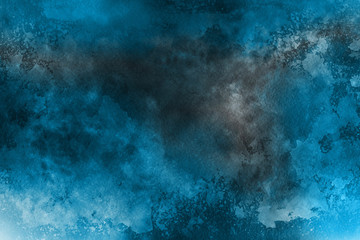 Blue winter watercolor ombre leaks and splashes texture on white watercolor paper background. Painted ice, frost and water.