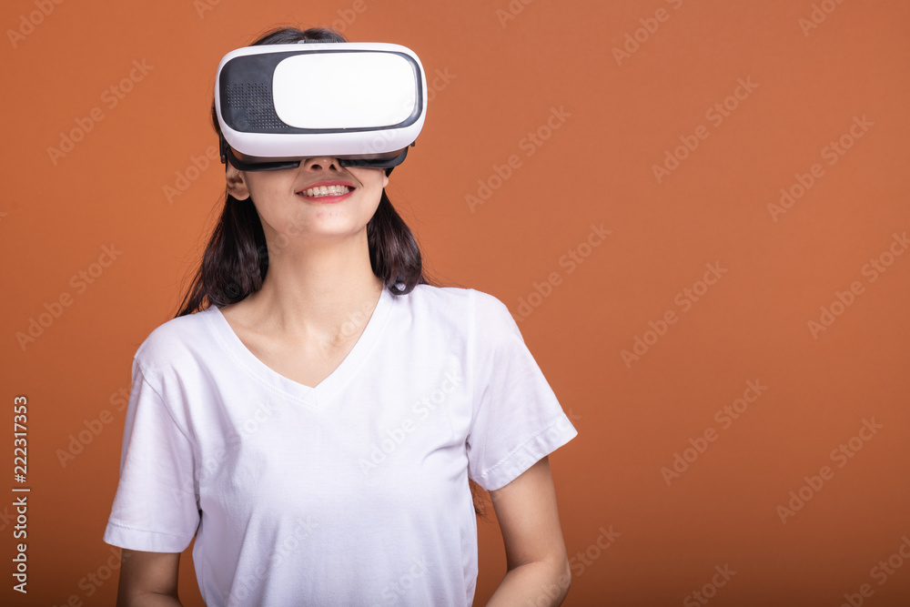 Woman wearing VR headset. Woman wearing VR headset.
