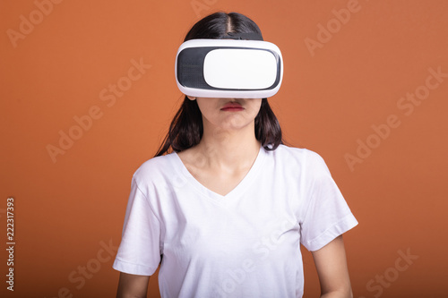 Woman wearing VR headset.