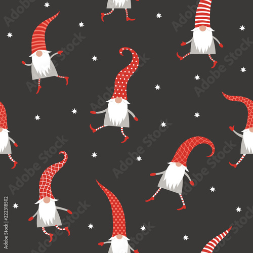 Christmas Seamless Pattern, Seasons greetings , cute Christmas gnomes in red hats