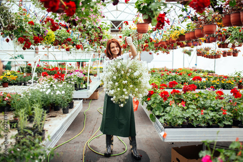 Quadro su tela Redhead young woman working in greenhouse and enjoying in beautiful flowers