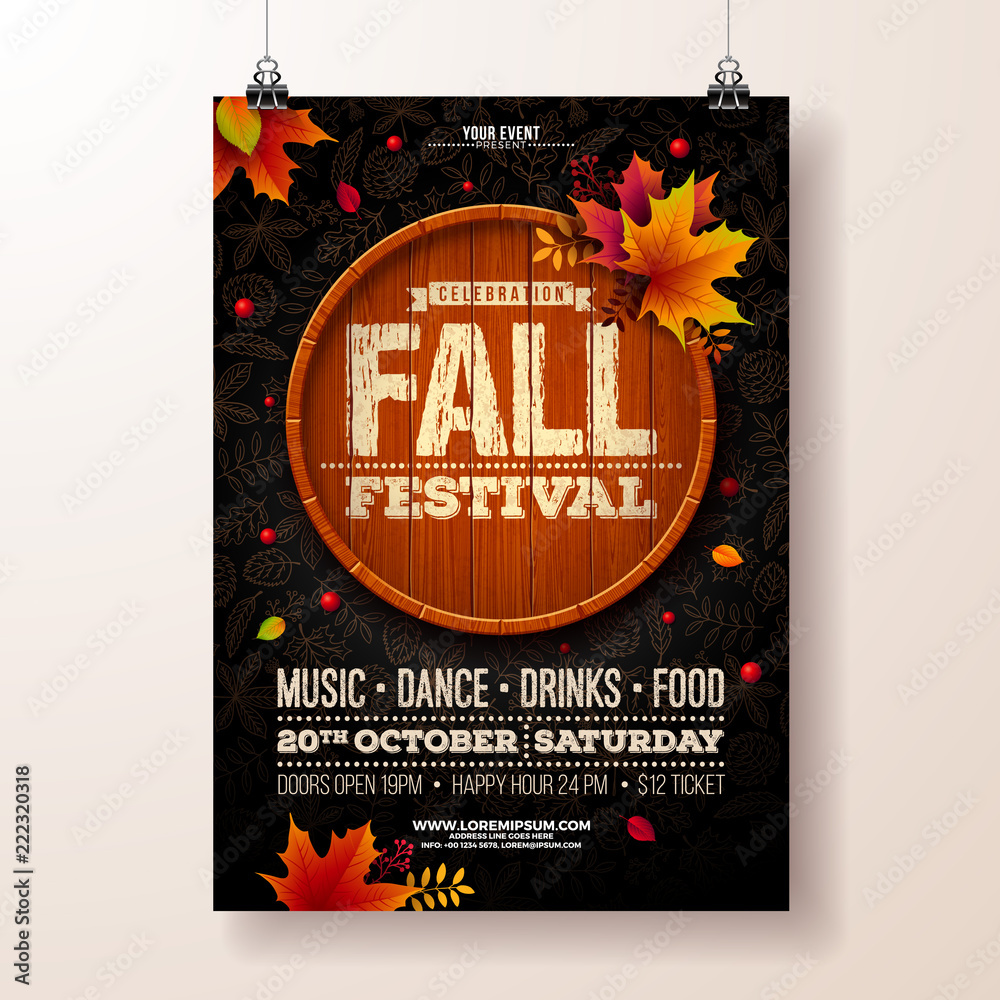 Fototapeta premium Autumn Party Flyer Illustration with falling leaves and typography design on vintage wood barrel. Vector Autumnal Fall Festival Design with doodle background for Invitation or Holiday Celebration