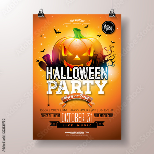 Halloween Party flyer vector illustration with scary faced pumpkin on orange background. Holiday design template with spiders, cemetery and flying bats for party invitation, greeting card, banner or