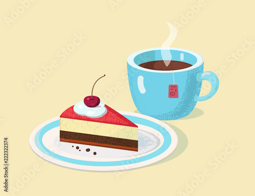 Vector illustration of blue cup of hot tea with chery cacke on the white plate