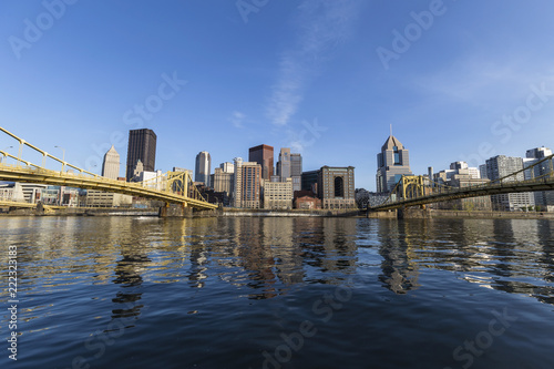 Downtown urban waterfront and bridges crossing the Allegheny River in Pittsburgh Pennsylvania.