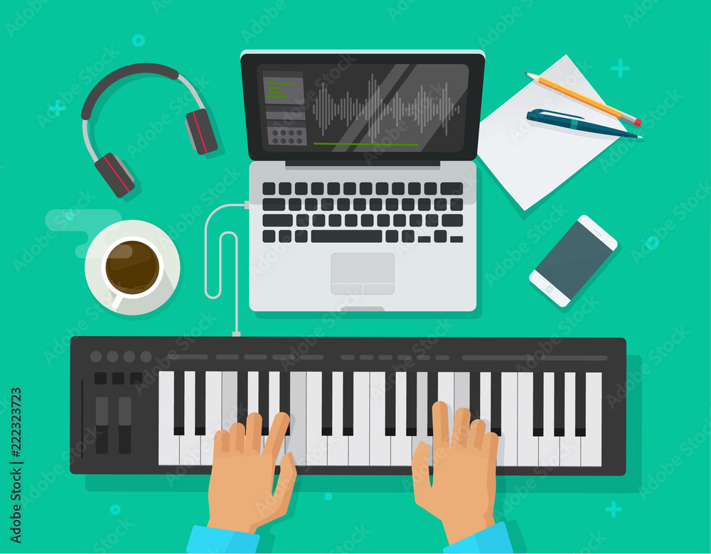 Vettoriale Stock Musician workspace studio vector illustration, flat person  playing midi piano keyboard and compose electronic music on computer laptop  with and sequencer software top view, musician writing song | Adobe Stock