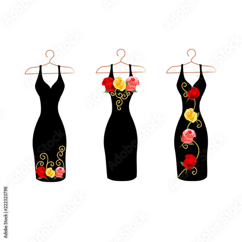 Dress silhouette on a hanger with flowers and lace. Set vector illustration.