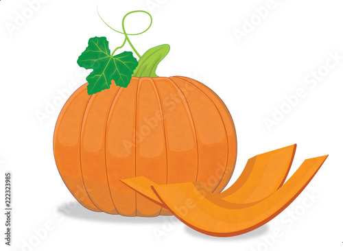 Zucca gialla invernale, intera con foglie e fette di colore arancio