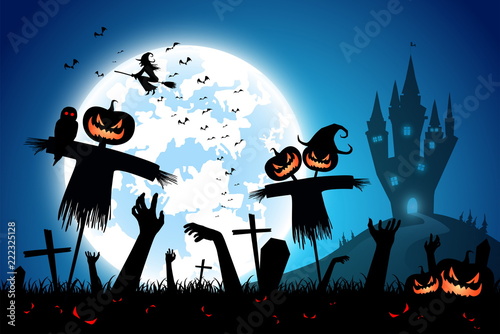 illustration halloween festival background,full moon on dark night with zombie hand up from the grave and scarecrow,many ghost and devil walking to castle for celebration halloween day