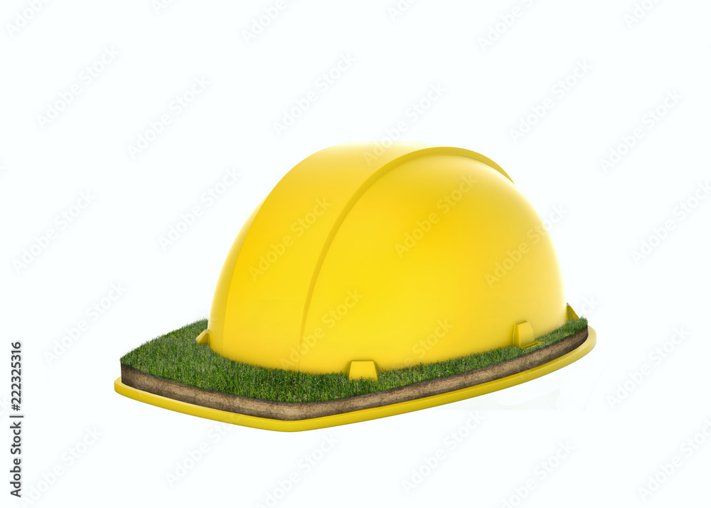 3d rendering of a large yellow construction hard hat with a lawn grass on its upper side of the rim. 3d rendering of a large yellow construction hard hat with a lawn grass on its upper side of the rim.