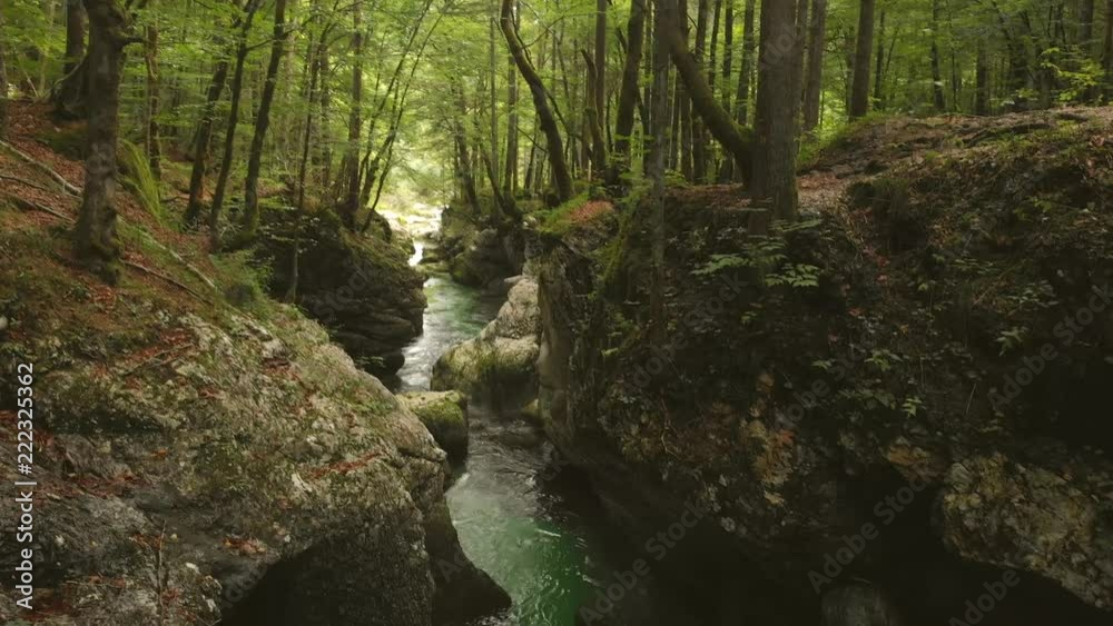 Aerial view of beautiful Mostnica river in national park Triglav - Slovenia. The river is located nearby small town Stara Fuzina Aerial view of beautiful Mostnica river in national park Triglav - Slovenia. The river is located nearby small town Stara Fuzina