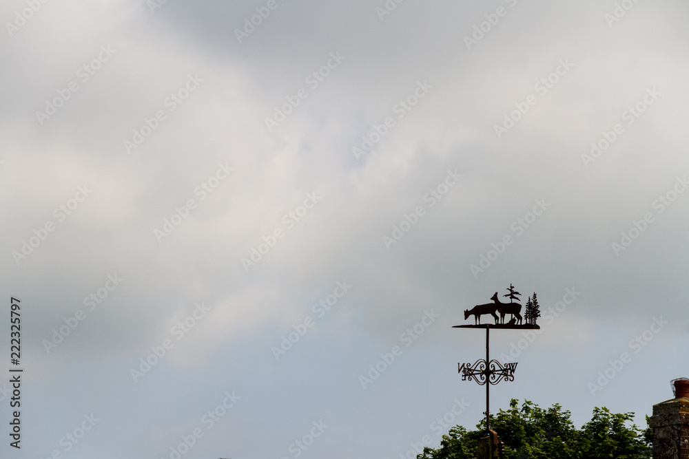 Cloudy sky with weather vane, background.