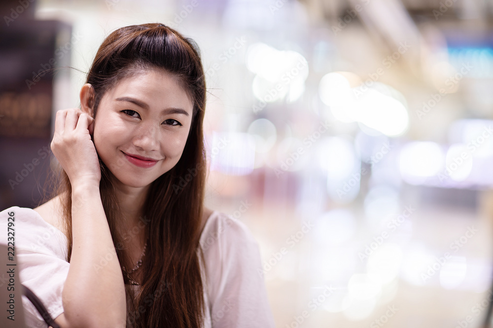 Fototapeta premium Portrait of Beautiful Attractive Asian woman smile feeling so happiness and comfortable,Beauty Concept