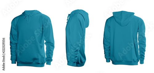Cyan men's sweatshirt with long sleeves and hood in rear and side views