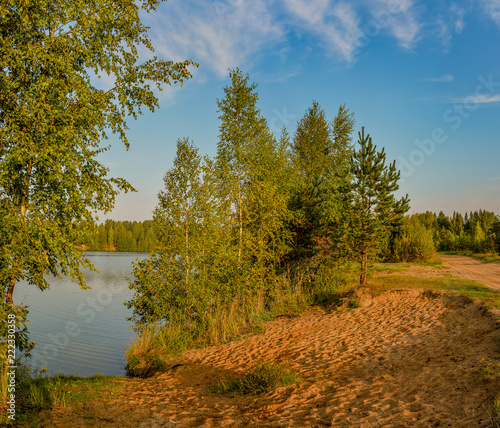 Early morning on the shore of a sandy quarry. Leningrad region, Kirovsky district. photo