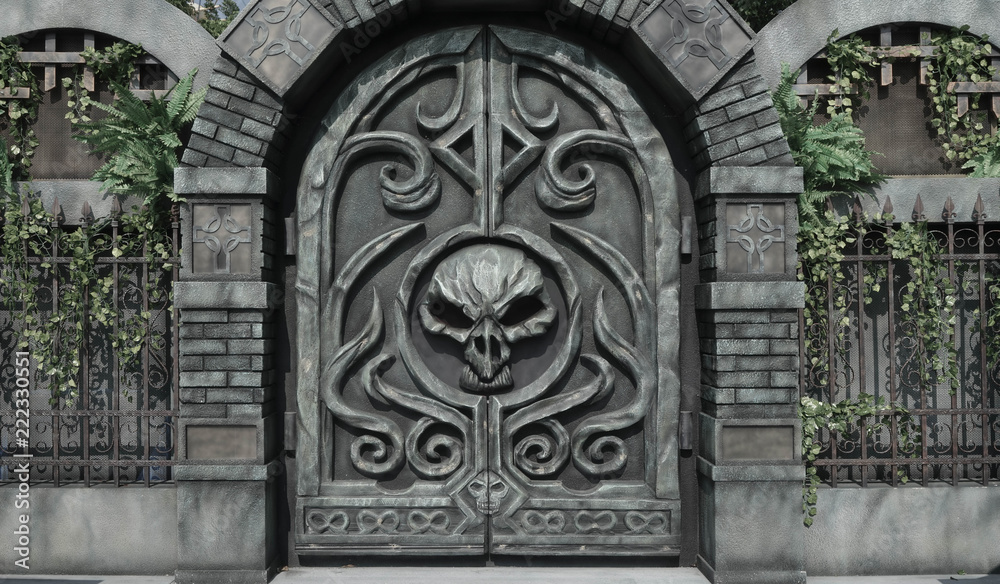 Dungeon door. Details of Halloween decoration at haunted house mansion, big skeleton head on the entrance door.