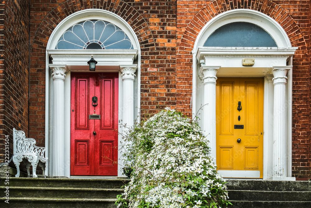 Obraz premium Dwoje kolorowych drzwi w Dublinie, prywatność sąsiadów, ale w telewizji