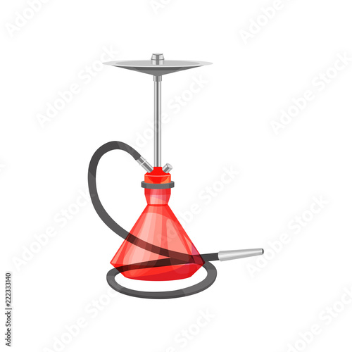 Flat vector icon of red glass hookah with pipe for smoking tobacco. Element for promo poster or banner of shisha bar