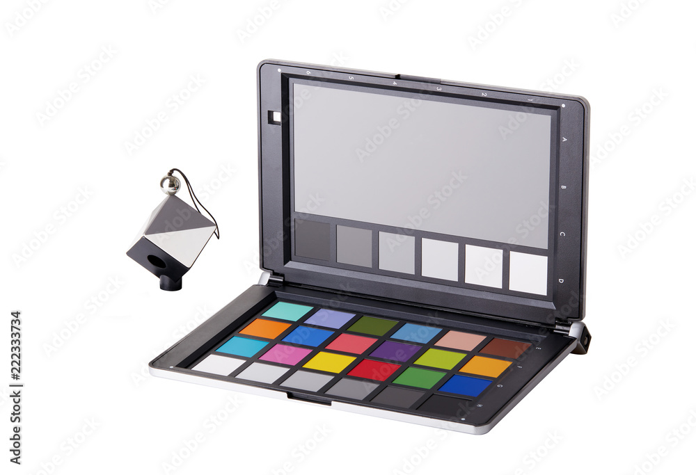 color checker equipment of professional photographer, isolated on white bakground