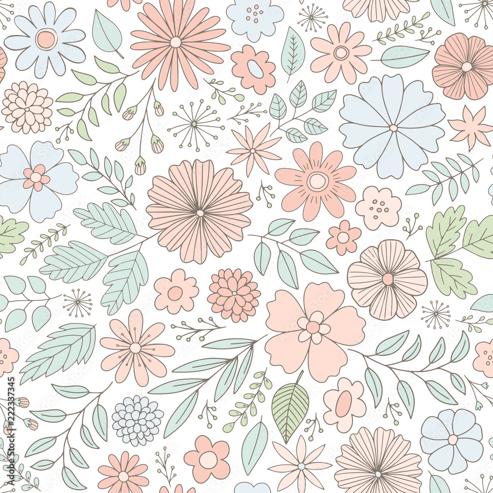 Vector floral pattern in doodle style with flowers and leaves. Feminine, spring floral seamless background in pastel colors.
