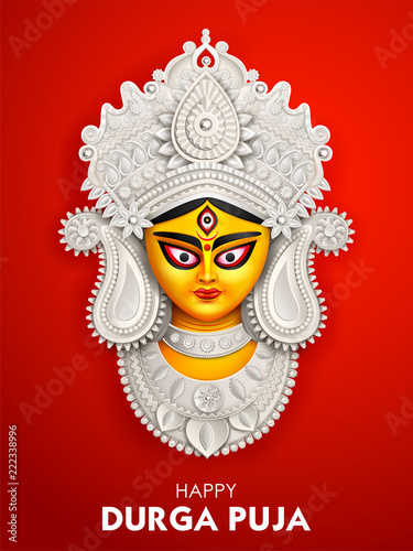 Goddess Durga Face in Happy Durga Puja Subh Navratri background