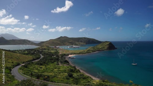 Landscape view of the Caribbean Sea and Atlantic Ocean looking south of St Kitts island from the top of Timothy Hill