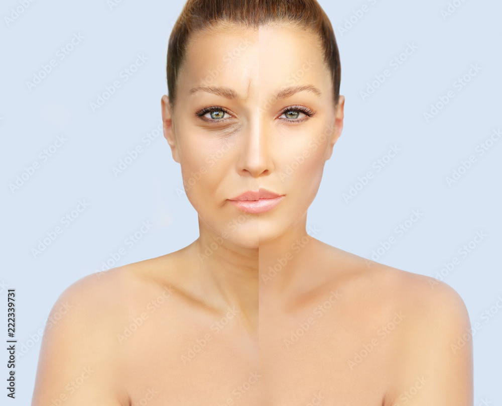 Aging. Mature woman-young woman.Face with skin problem Aging. Mature woman-young woman.Face with skin problem