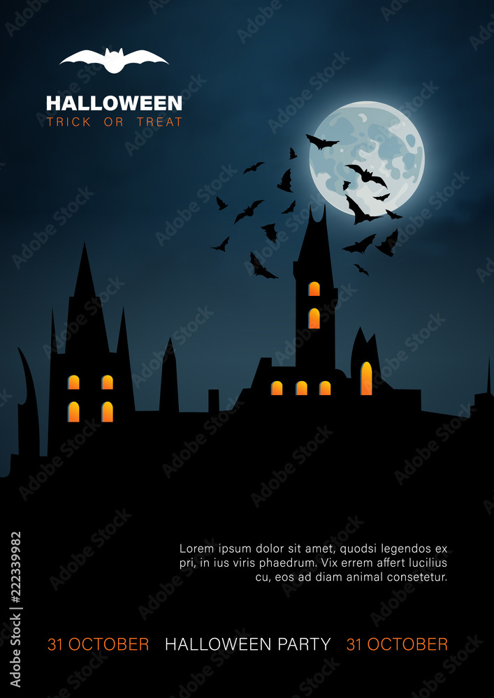 Halloween vertical background with haunted house and full moon. Flyer or invitation template for Halloween party. Vector illustration.