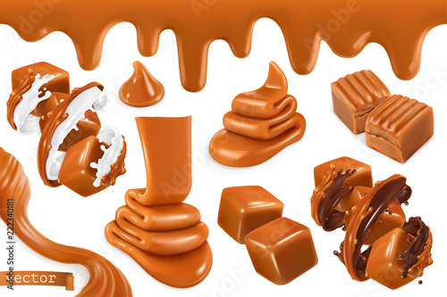 Sweet caramel, set realistic 3d vector illustration photo