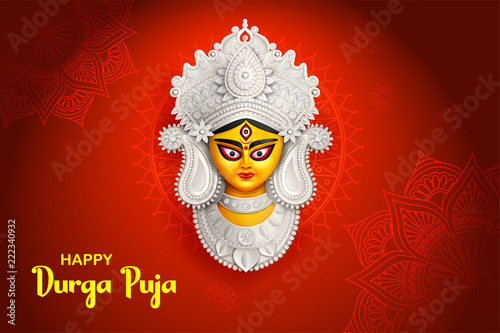 Goddess Durga Face in Happy Durga Puja Subh Navratri background