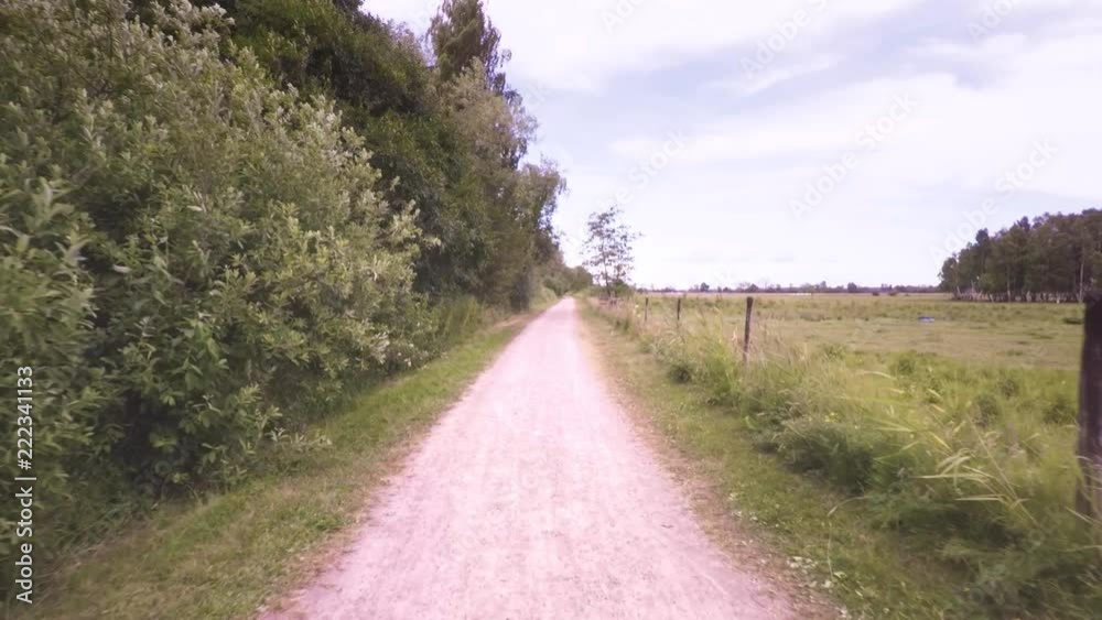 Landscape background with rural road and green meadow in Sweden. Countryside scene of swedish nature in summer.