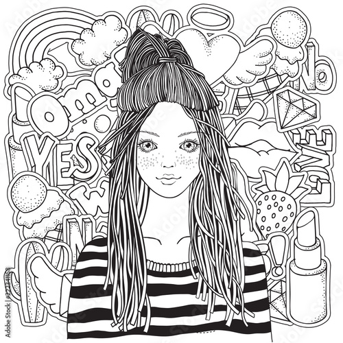 Cool yong girl in a striped sweater. Coloring book page for adult with Fashion Patch Badges in cartoon doodle style. Black and white.