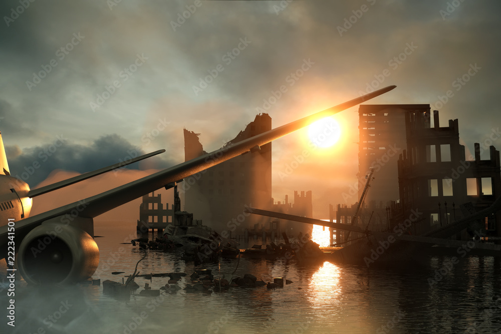 3D Illustration of a Ruins of a city. Apocalyptic landscape. apocalyptic sunset concept