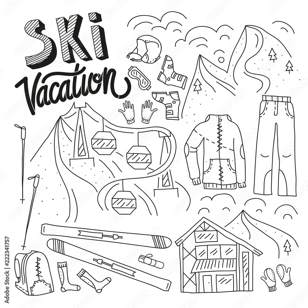 Ski equipment in vector, ski kit infographic set, ski vector doodle