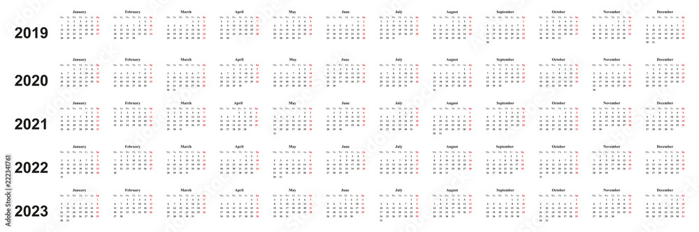 Kalender 2019, 2020, 2021,2022, einfaches Design, weißer Hintergrund, Sonntag rot markiert Kalender 2019, 2020, 2021,2022, einfaches Design, weißer Hintergrund, Sonntag rot markiert