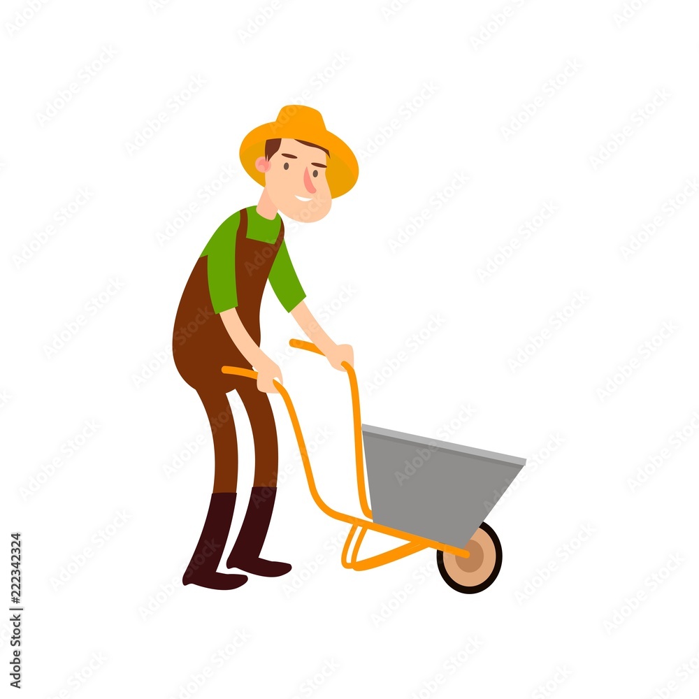 Farmer on a wheelbarrow carries land. Flat design farmers set illustration vector. Farmer on a wheelbarrow carries land. Flat design farmers set illustration vector.
