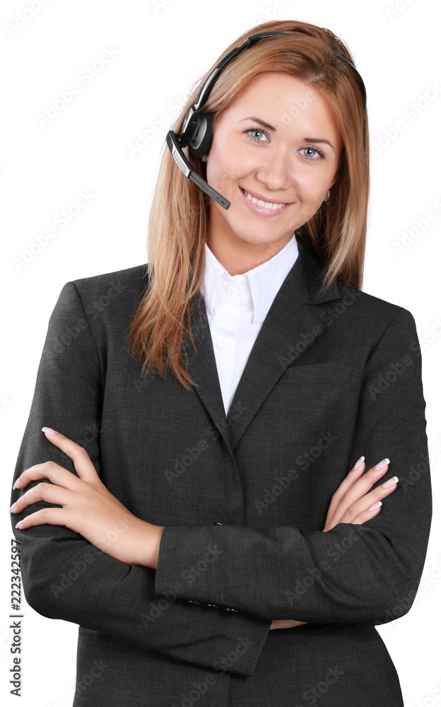 A customer service representative wearing a headset
