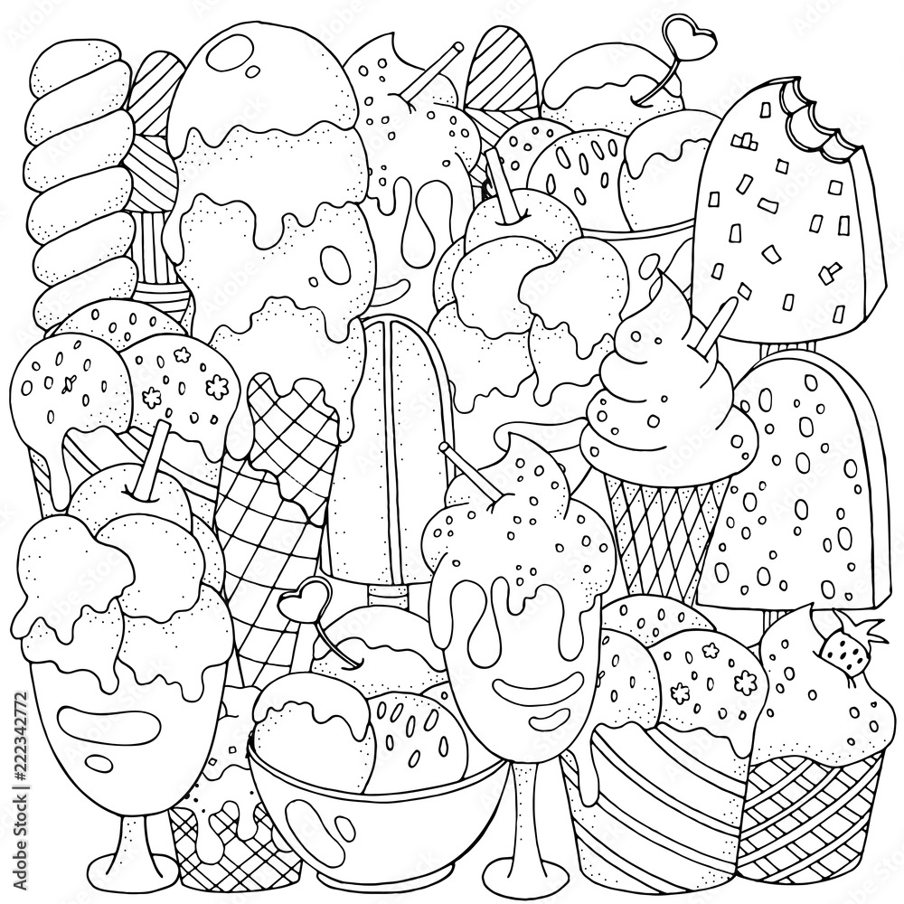 Coloring book page. Set of vector sketches: ice cream in wafer cone and ...