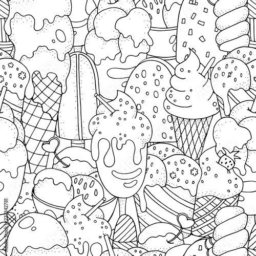 Seamless pattern. Coloring book page. Set of vector sketches: ice cream in wafer cone and bowl, frozen creamy desserts, eskimo in chocolate glaze, fruit ice.